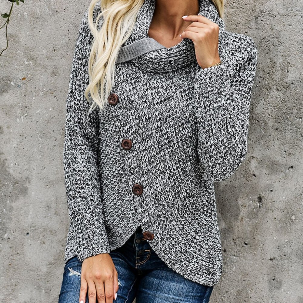 GRAY BUTTONED WRAP TURTLENECK SWEATER